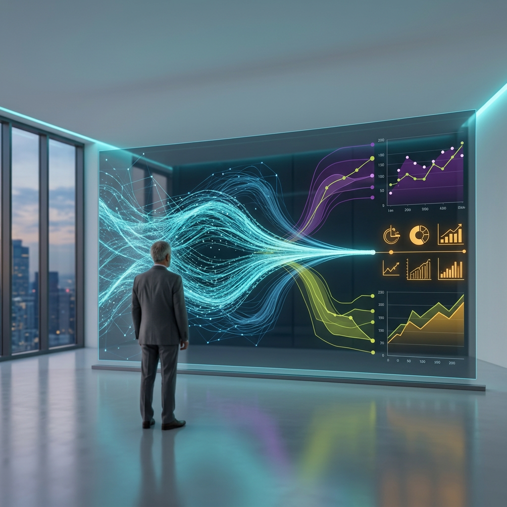 An executive viewing a large display where streams of enterprise data converge into clear business value and performance charts