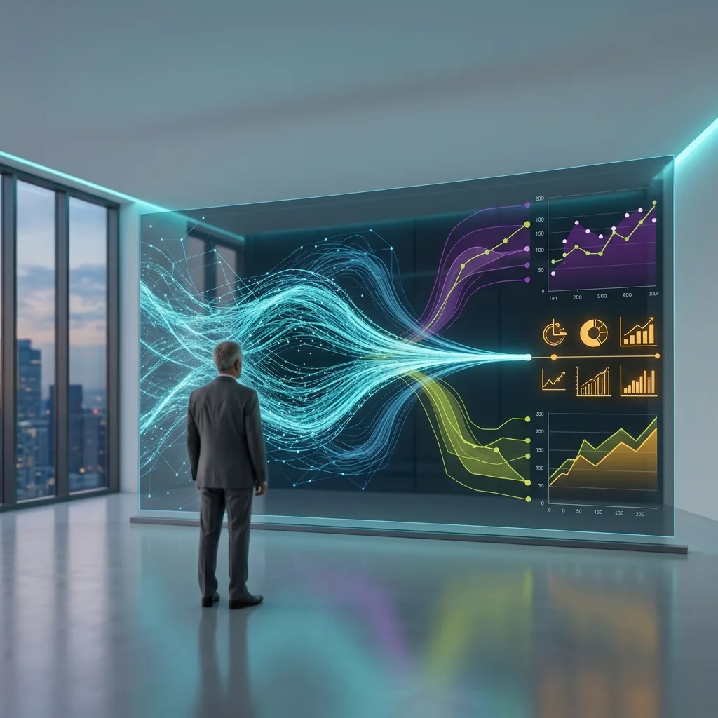 An executive viewing a large display where streams of enterprise data converge into clear business value and performance charts